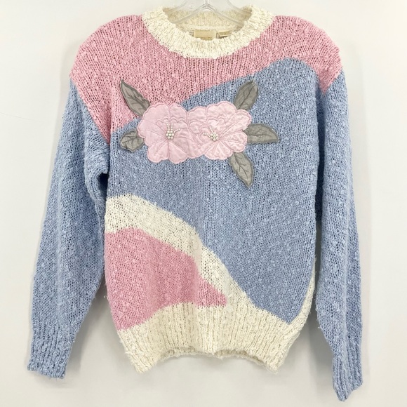 VTG Needles & Yarn Grannycore Knobby Chunky Knit Pastel Floral Crewneck Sweater - Picture 1 of 11